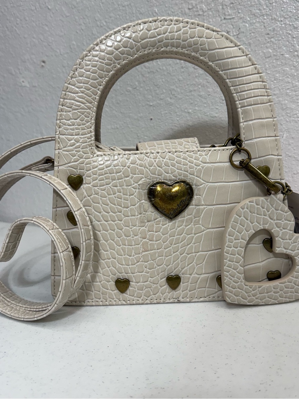 Luv Betsey Johnson Croc Embossed Cream Faux Leather Handbag Studded Hearts